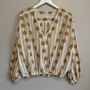 By Together Embroidered White & Gold Boho  Peasant Blouse Excellent Condition M
